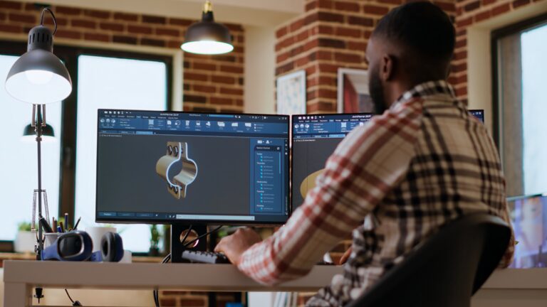African american industrial designer works on prototypes in a creative studio. Doing tech driven remote work with 3D modeling and CAD software, industrial tools for technical precision. Camera B.